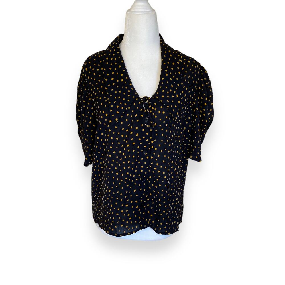 Good Luck Gem Polka Dot Black Collared Blouse with Balloon Sleeves